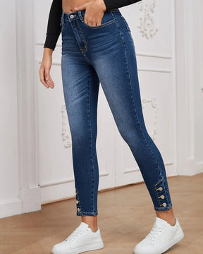 Geknöpfte, hochelastische, enge Denim-Hose für Damen