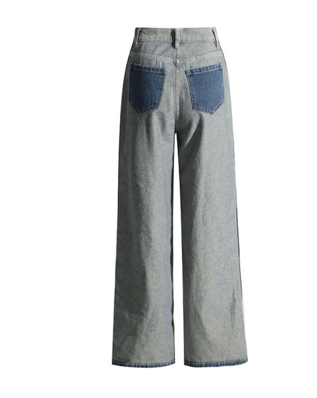 High-Waisted Long Straight-Leg Color-Blocked Women’s Slim Denim Casual Pants