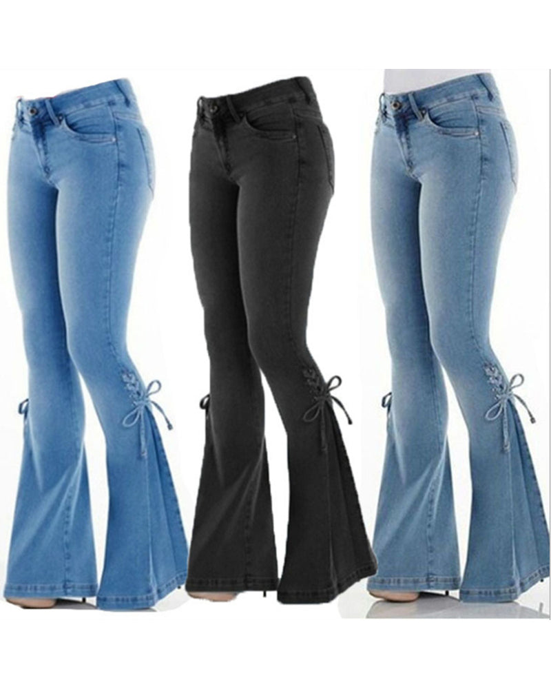 Mid Rise Tie Denim Hose Stretch Jeans Damen Schlaghose