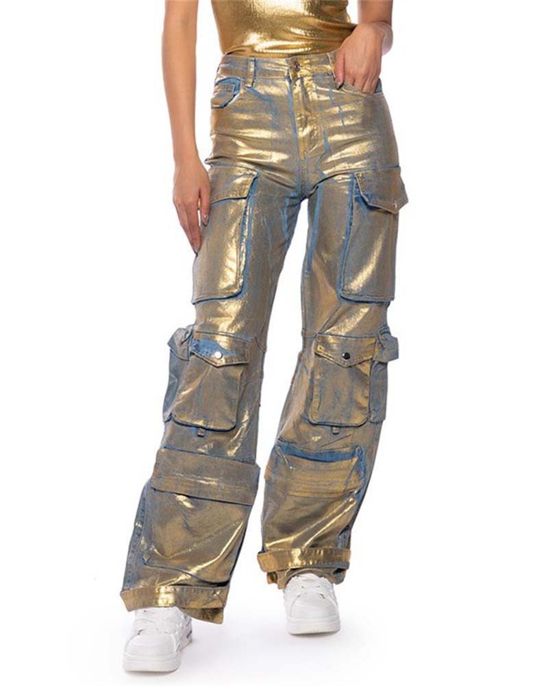 Pocket Cargo Style Metallic Jeans