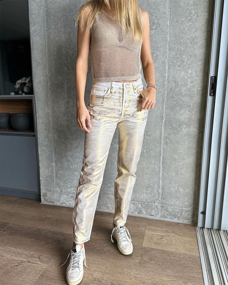 High-Waisted Metallic Tapered Slim-Fit Jeans