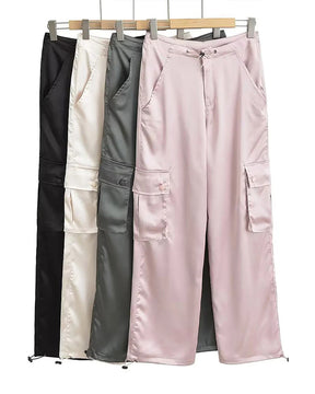 Lockerer, gerader, lässiger Satin-Overall mit hoher Taille