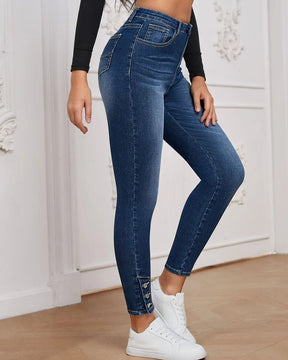 Geknöpfte, hochelastische, enge Denim-Hose für Damen