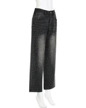 Retro Hot Diamond Loose Wide-Leg Low-Waist Denim Drape Casual Pants