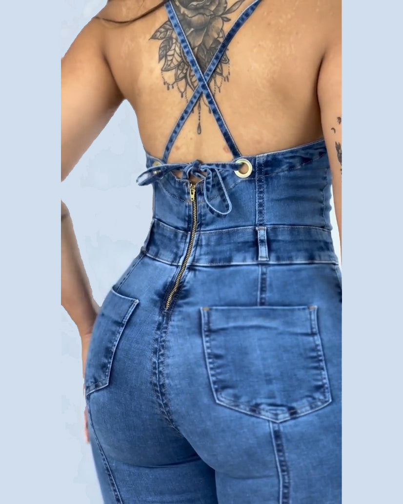 Mono de mezclilla para mujer Sexy Slim-Fit Halter Vendaje Jeans Mamelucos