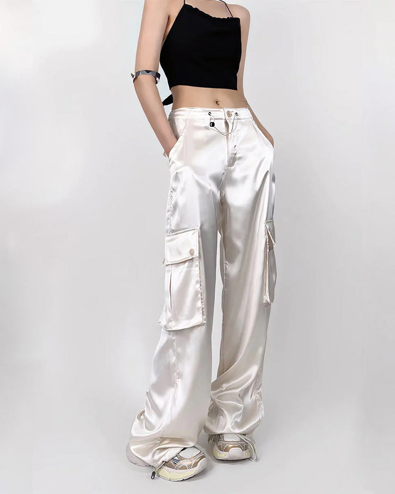 Loose Straight High-Waisted Casual Satin Overalls