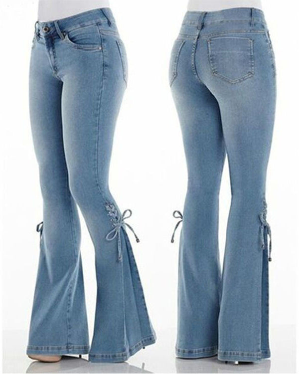 Mid Rise Tie Denim Trousers Stretch Jeans Women's Flare Pants