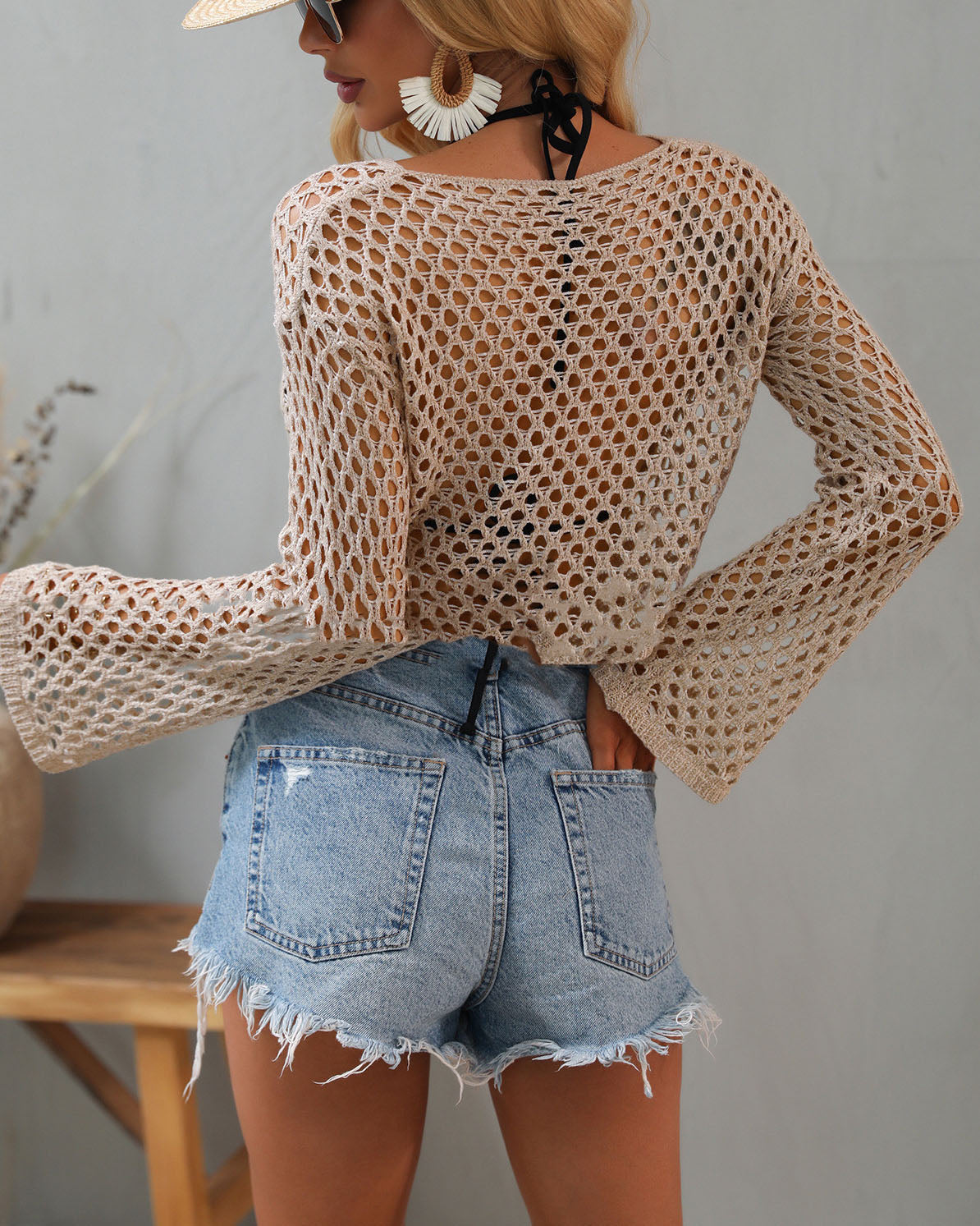 Knitted Sweater Bell Sleeves Loose Round Neck Hollow Sweater Women