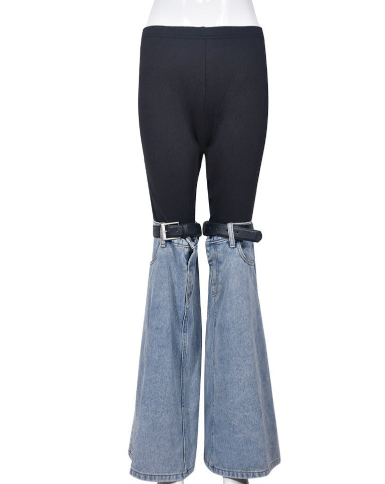 Paneled Elastic Waist Slim Fit Flared Jeans