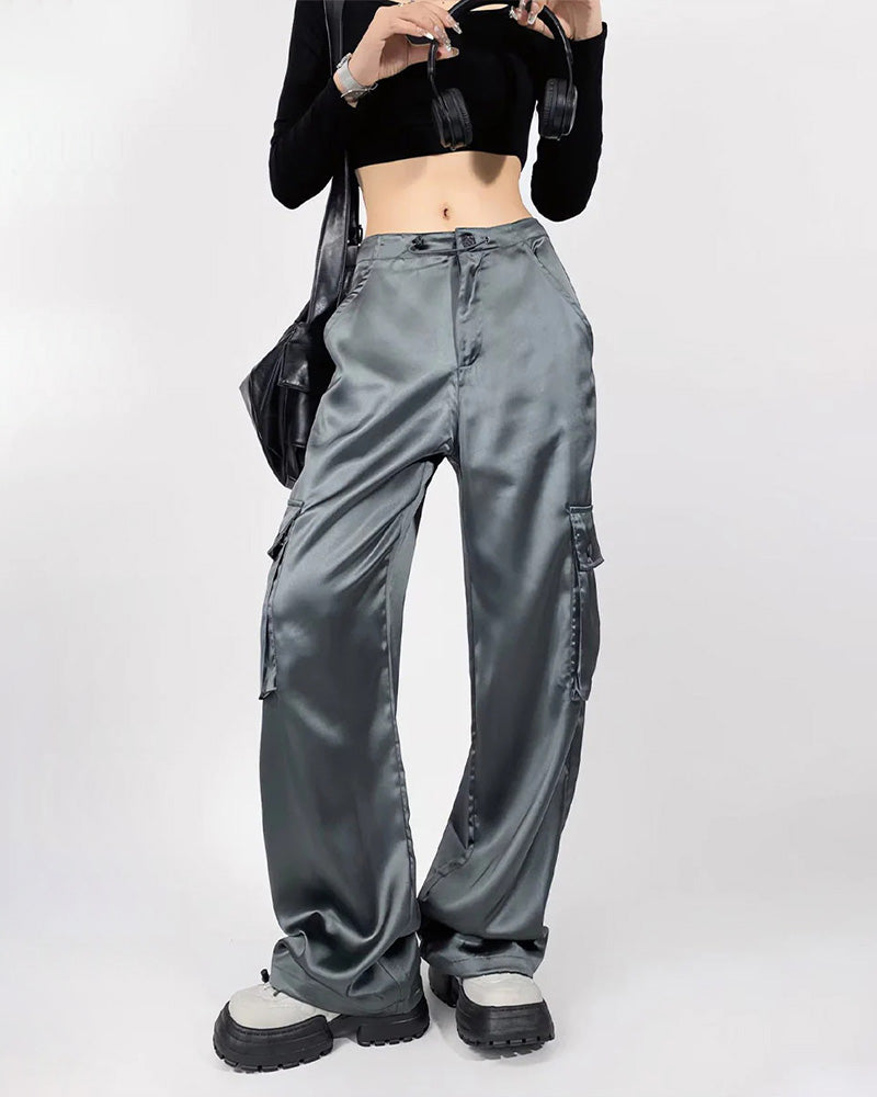 Loose Straight High-Waisted Casual Satin Overalls