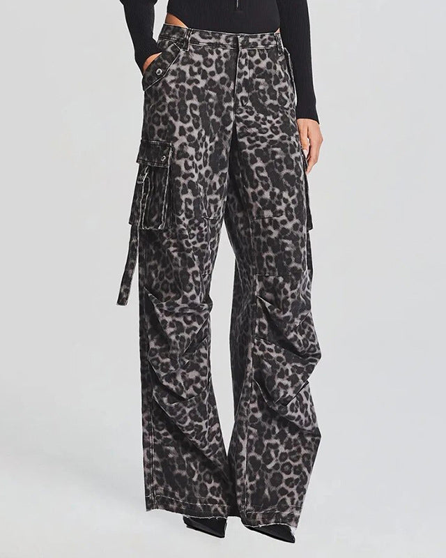Leopard Print High-Rise Straight-Leg Cargo Pants With Pocket Jeans