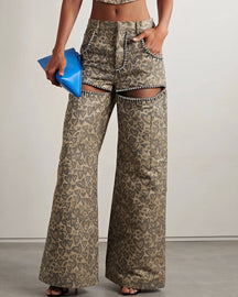 Leopard Print Diamond Straight Casual Trousers Women