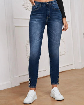 Geknöpfte, hochelastische, enge Denim-Hose für Damen