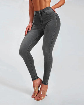 Slim-Fit-Bleistifthose, Stretch-Jeans mit hohem Bund