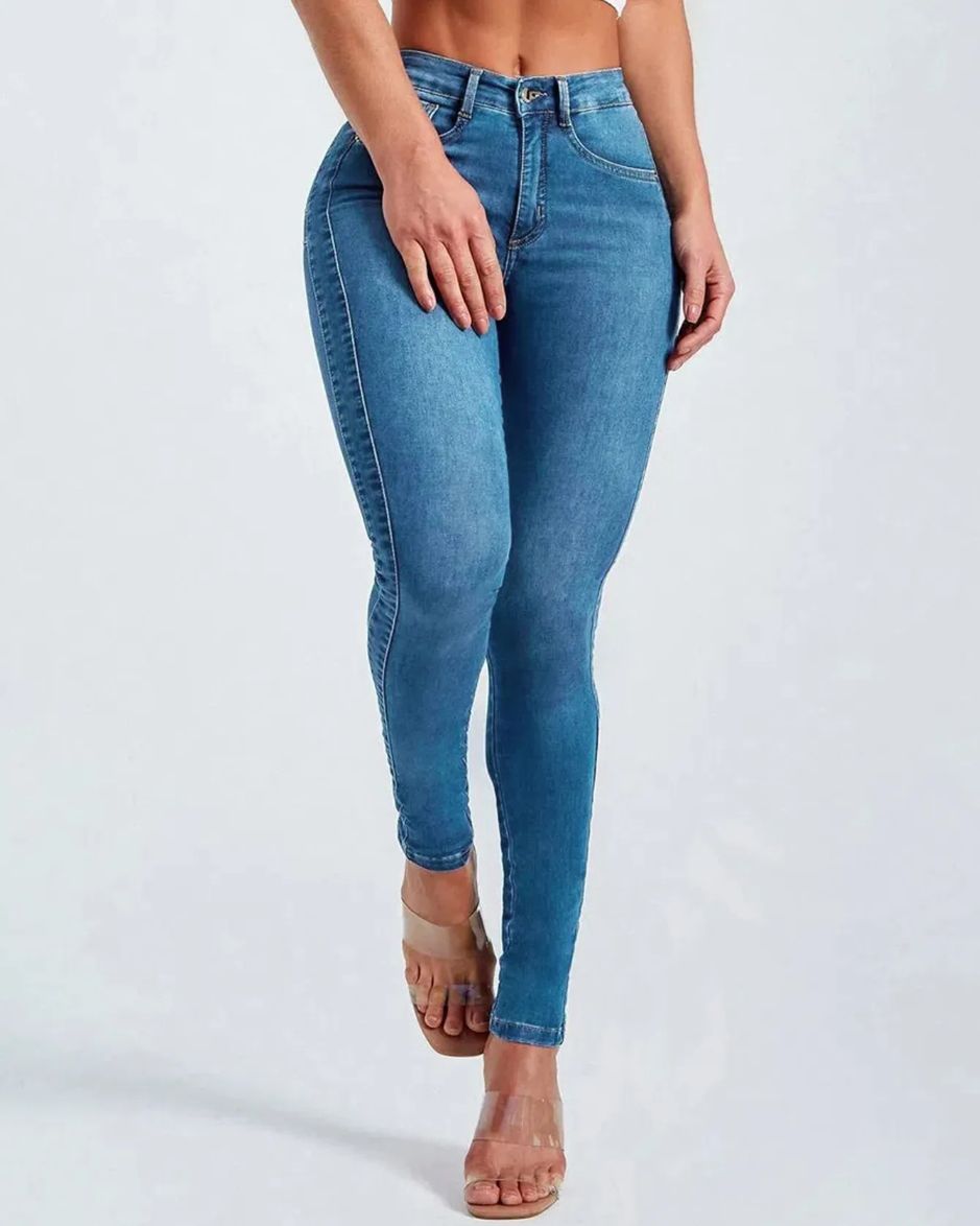 Slim-Fit-Bleistifthose, Stretch-Jeans mit hohem Bund