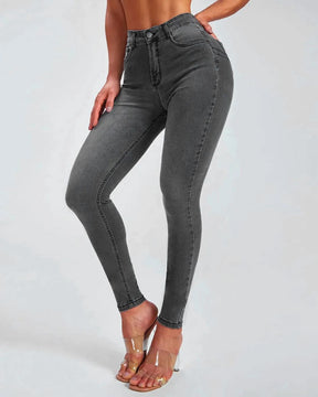 Slim-Fit-Bleistifthose, Stretch-Jeans mit hohem Bund